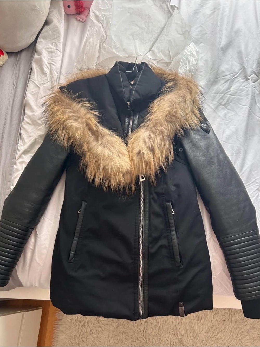 RUDSAK Black Coat with Real Fur Hood and Real Leather